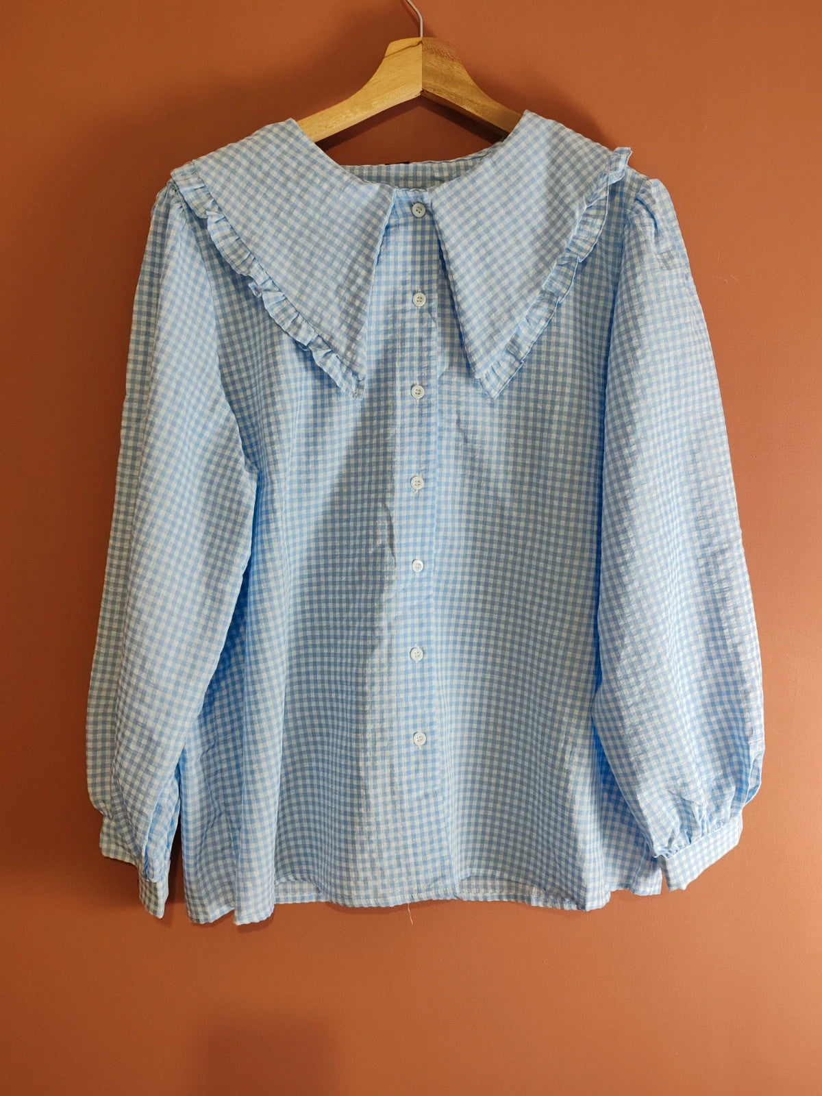 Blouse vichy bleu col claudine taille L