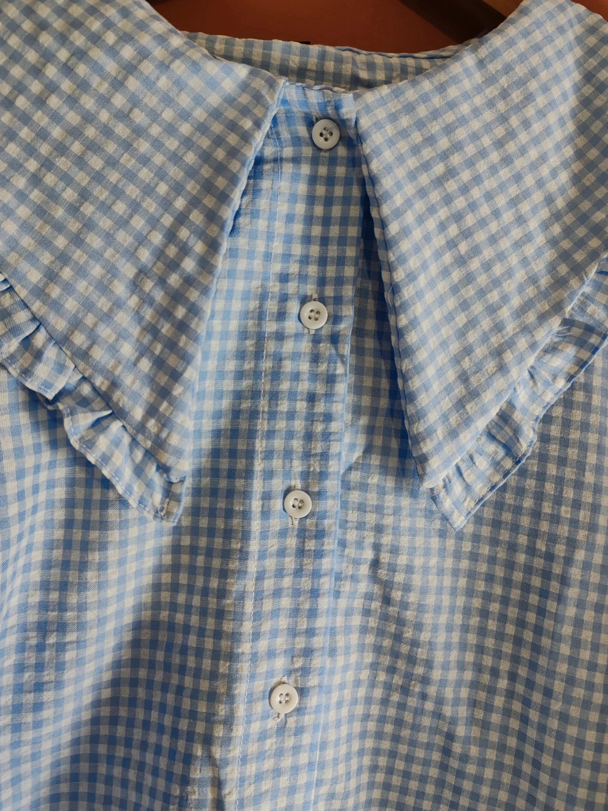 Blouse vichy bleu col claudine taille L