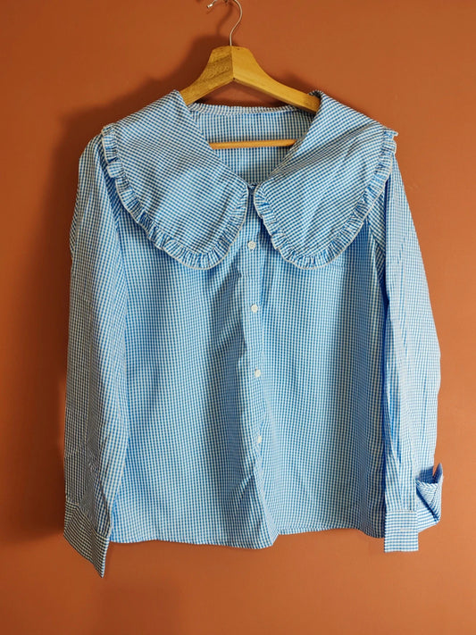 Blouse vichy bleu col claudine taille M