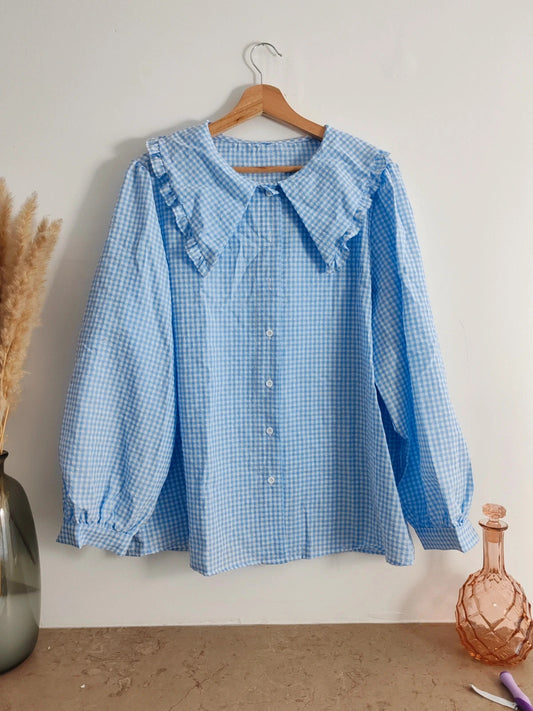 Blouse vichy bleu col claudine taille XL