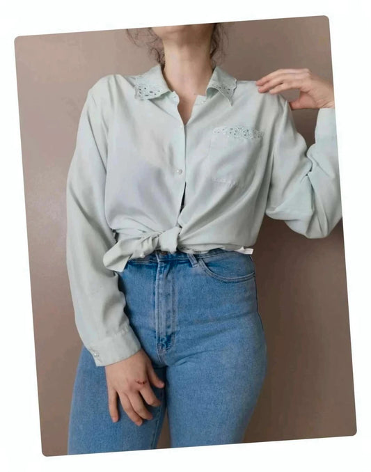 Chemise col brodé vert d'eau