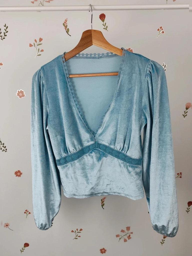 Top velours dentelle bleu clair taille M #df2712-007