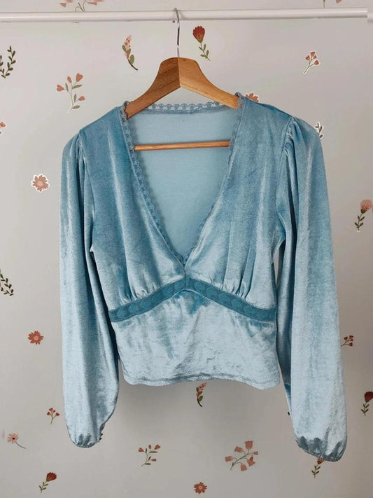 Top velours dentelle bleu clair taille M #df2712-007