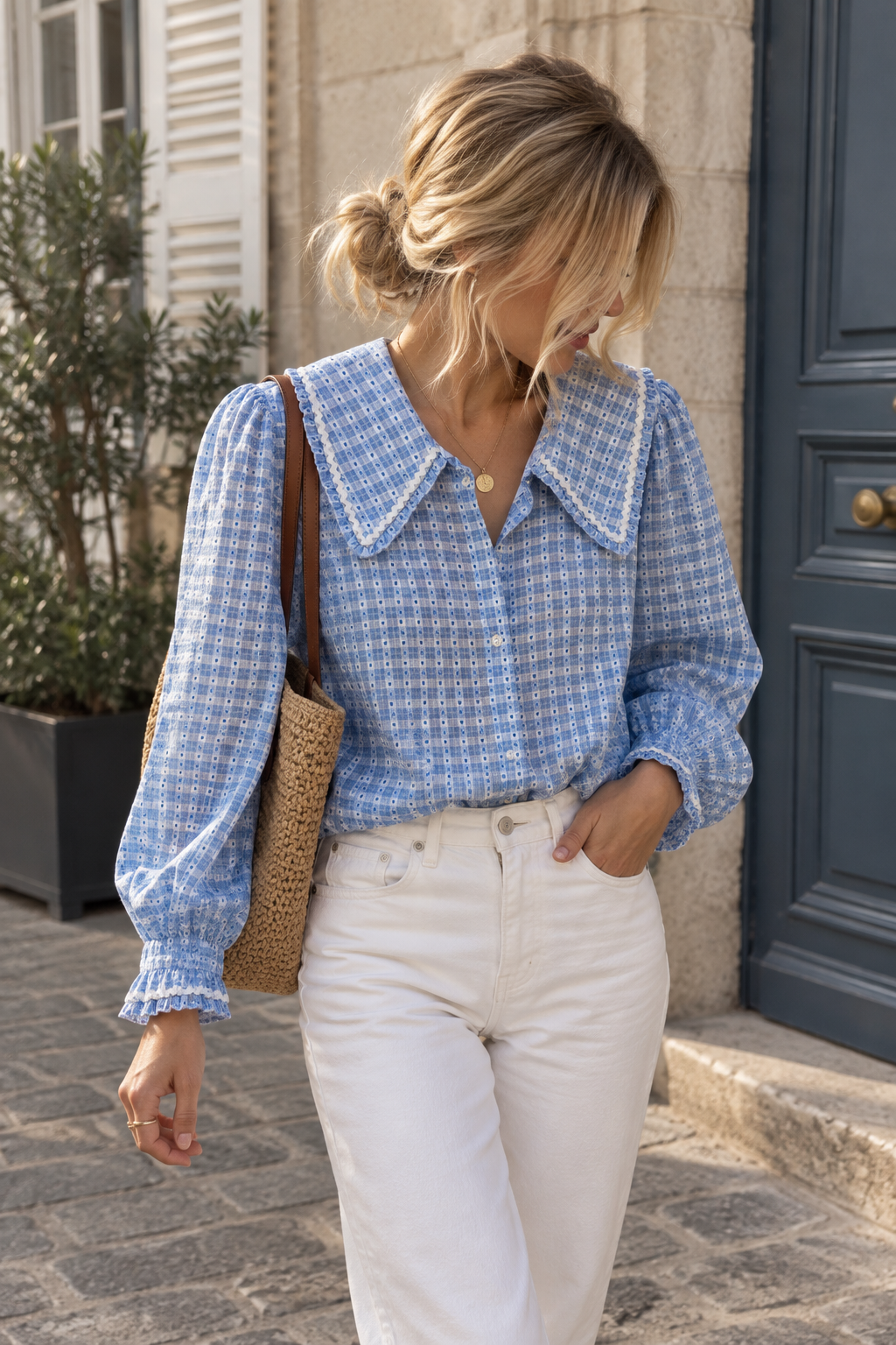 Blouse à col claudine croquet bleu Léna